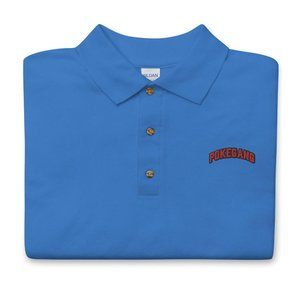 PokeGang Men's Blue Short Sleeve Button Up Embroidery Sport Polo Shirt Size S